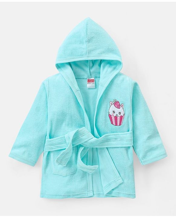 Babyhug Woven Terry Full Sleeves Hooded Bath Robe with  Kitty Embroidery - Blue