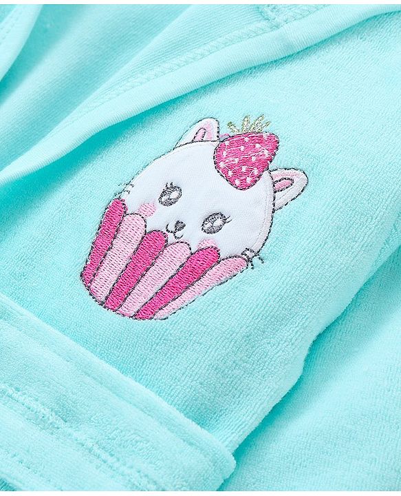 Babyhug Woven Terry Full Sleeves Hooded Bath Robe with  Kitty Embroidery - Blue