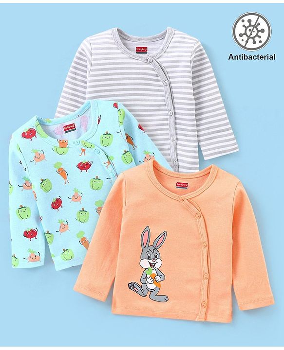 Babyhug 100% Cotton Antibacterial Full Sleeves Vests Bunny & Stripe Printed Pack of 3 - Peach & Blue