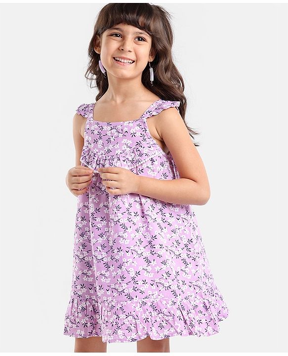 Babyhug 100% Viscose Sleeveless Floral Print Frock with Cotton Lining - Lilac