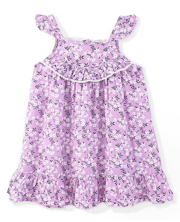 Babyhug 100% Viscose Sleeveless Floral Print Frock with Cotton Lining - Lilac