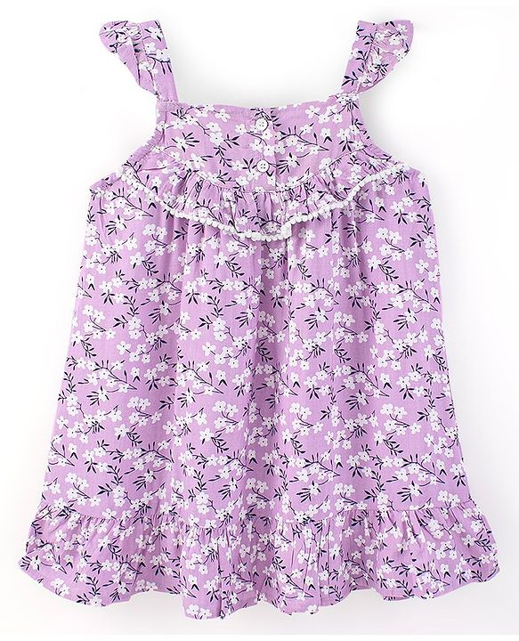 Babyhug 100% Viscose Sleeveless Floral Print Frock with Cotton Lining - Lilac