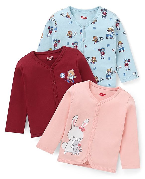 Babyhug 100% Cotton Antibacterial Full Sleeves Vests Teddy Print Pack of 3 - Red & Blue