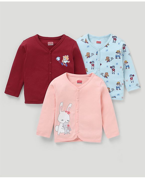 Babyhug 100% Cotton Antibacterial Full Sleeves Vests Teddy Print Pack of 3 - Red & Blue