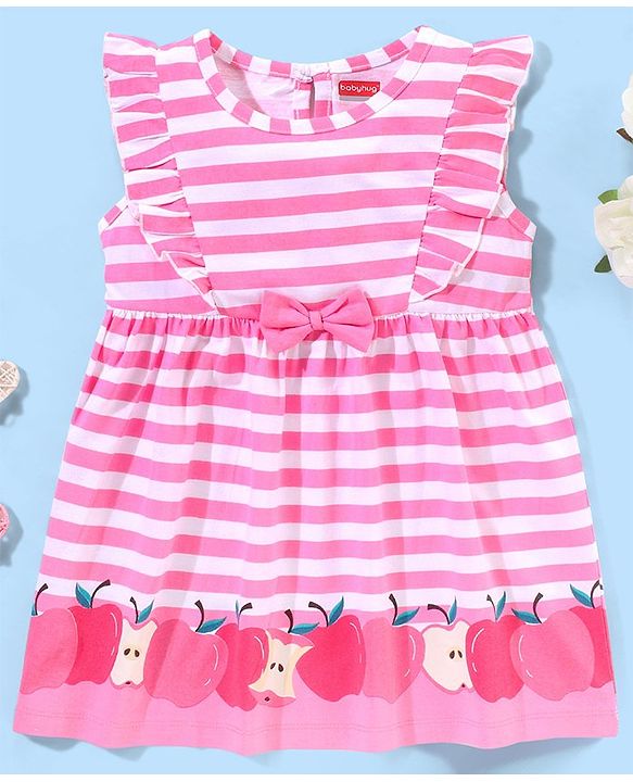 Babyhug 100% Cotton Sleveless Stripe with Bow Detailing Frock - Pink