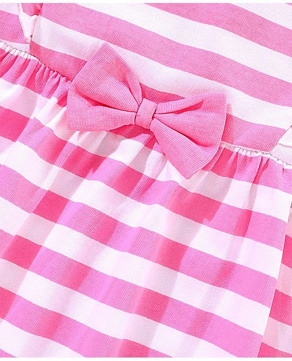 Babyhug 100% Cotton Sleveless Stripe with Bow Detailing Frock - Pink
