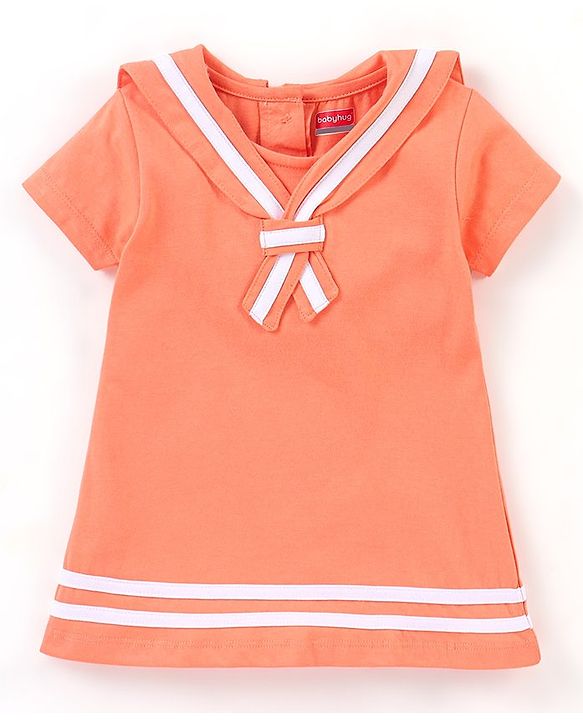 Babyhug 100% Cotton Knit Half Sleeves Frock with Collar Detailing Solid Color - Peach