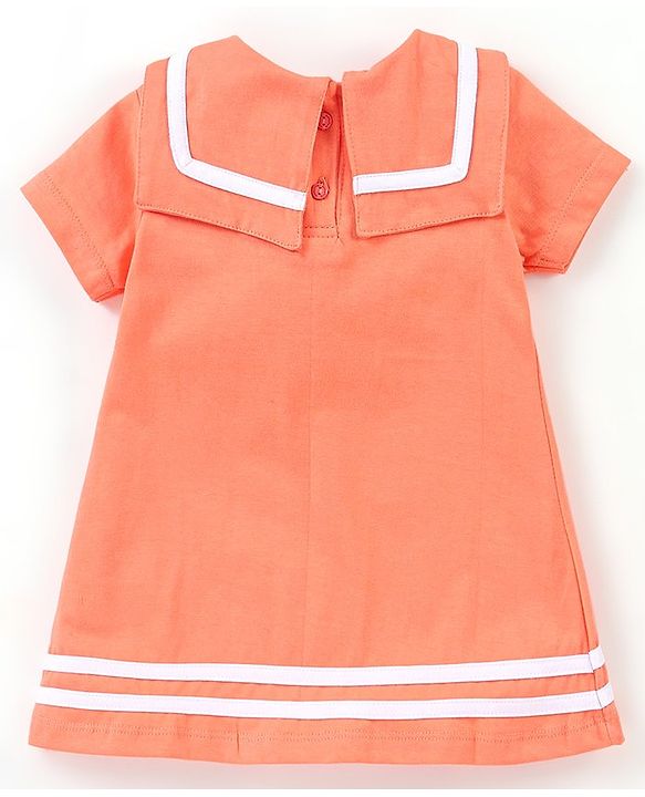 Babyhug 100% Cotton Knit Half Sleeves Frock with Collar Detailing Solid Color - Peach