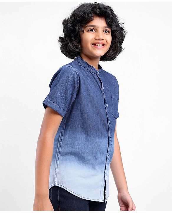 Pine Kids Cotton Half Sleeves Ombre Effect Denim Shirt - Blue