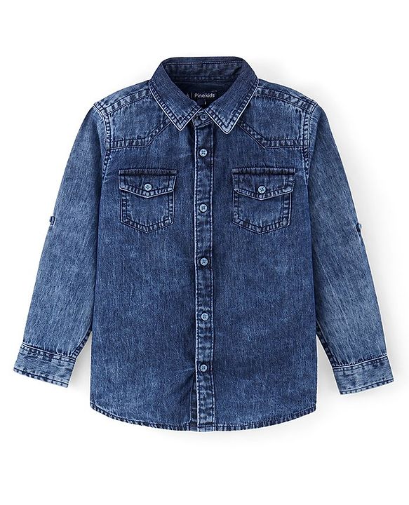 Pine Kids 100% Cotton Woven Full Sleeves Washed Denim Shirt with Double Flap Pocket - Blue