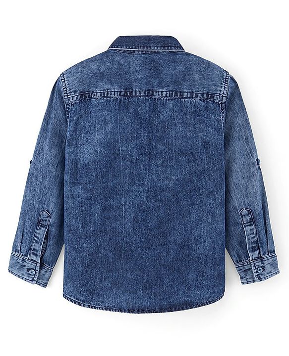 Pine Kids 100% Cotton Woven Full Sleeves Washed Denim Shirt with Double Flap Pocket - Blue