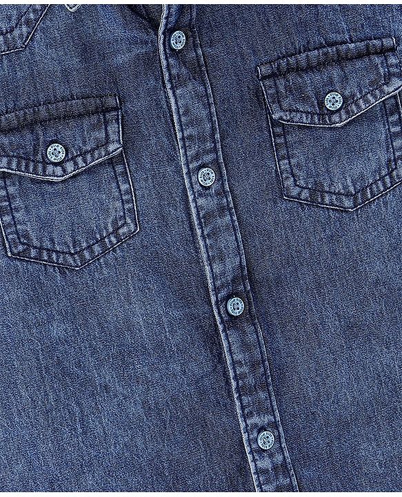 Pine Kids 100% Cotton Woven Full Sleeves Washed Denim Shirt with Double Flap Pocket - Blue