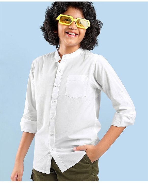 Pine Kids Cotton Full Sleeves Ultra Soft Washed Solid Color Shirt - White