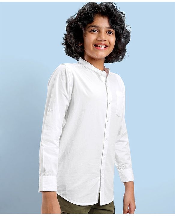 Pine Kids Cotton Full Sleeves Ultra Soft Washed Solid Color Shirt - White