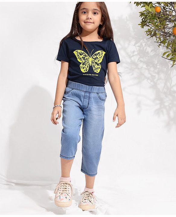 Pine Kids Cotton Elastane Three Fourth Length Jeggings - Light Blue
