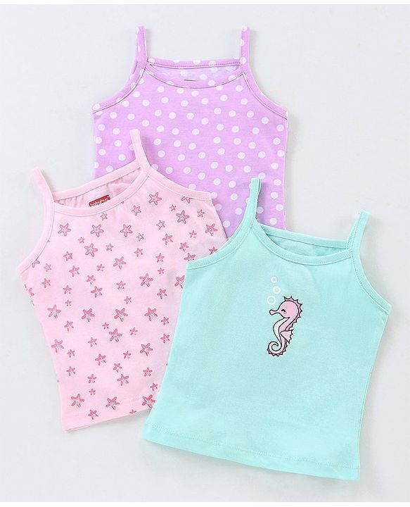 Babyhug 100% Cotton knit Sleeveless Sea Horse & Dot Printed Slips Pack of 3 - Blue Pink & Purple