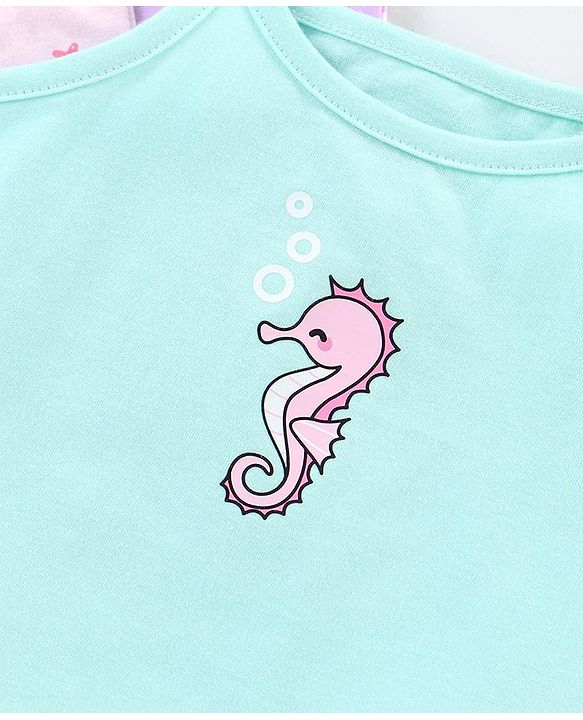 Babyhug 100% Cotton knit Sleeveless Sea Horse & Dot Printed Slips Pack of 3 - Blue Pink & Purple