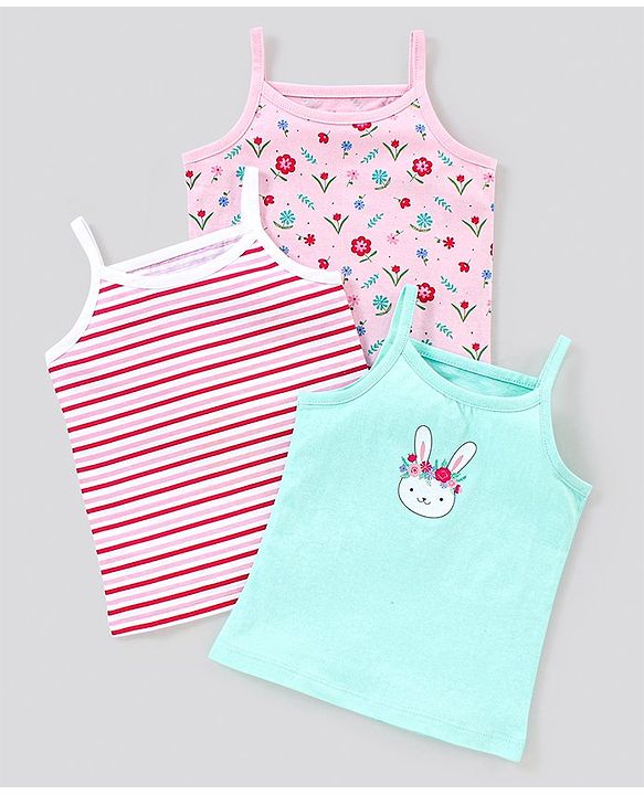 Babyhug 100% Cotton Sleeveless Striped Slips Floral Print Pack of 3 - Red Pink & Blue