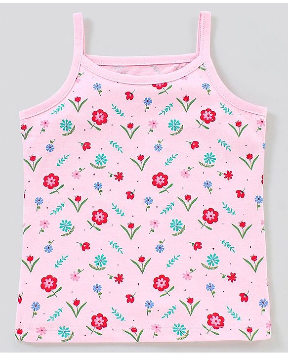Babyhug 100% Cotton Sleeveless Striped Slips Floral Print Pack of 3 - Red Pink & Blue