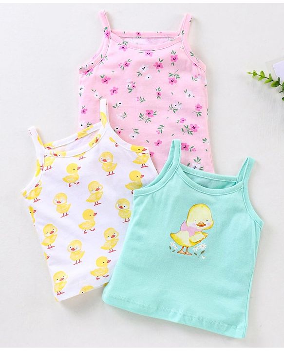 Babyhug 100% Cotton Knit Sleeveless Slips Duck Print Pack of 3 - Blue & White