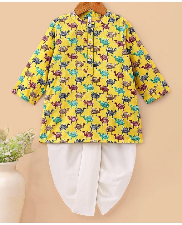 Babyhug 100% Cotton Full Sleeves Kurta & Dhoti Digital Print - Yellow