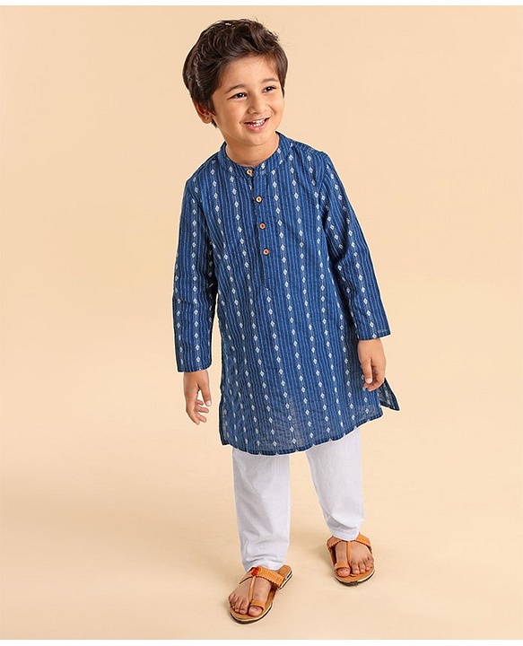 Babyhug Cotton Full Sleeves Printed Kurta & Pyjama Set- Indigo