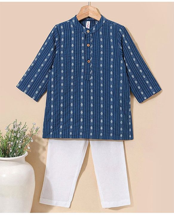 Babyhug Cotton Full Sleeves Printed Kurta & Pyjama Set- Indigo