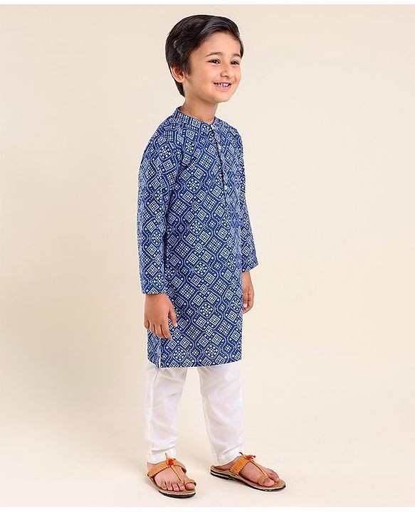 Babyhug Cotton Full Sleeves Kurta & Pyjama Set Bandhani Print- Indigo