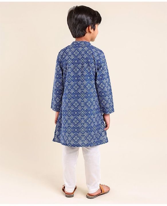 Babyhug Cotton Full Sleeves Kurta & Pyjama Set Bandhani Print- Indigo