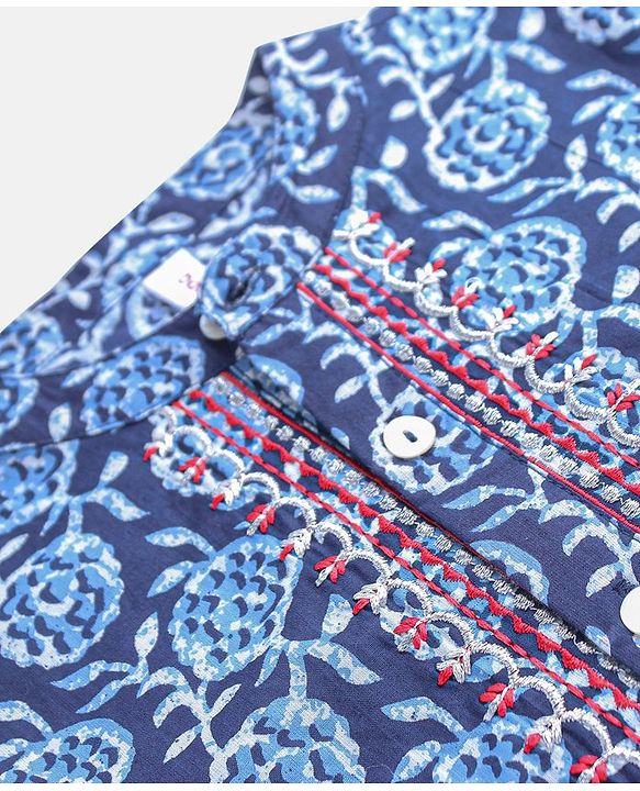Babyhug 100% Cotton Full Sleeves Kurta With Payjama Set Embroidered - Indigo