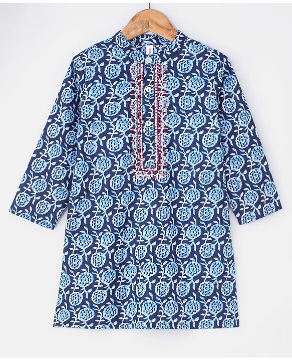 Babyhug 100% Cotton Full Sleeves Kurta With Payjama Set Embroidered - Indigo