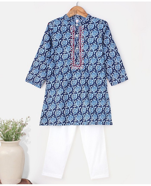 Babyhug 100% Cotton Full Sleeves Kurta With Payjama Set Embroidered - Indigo