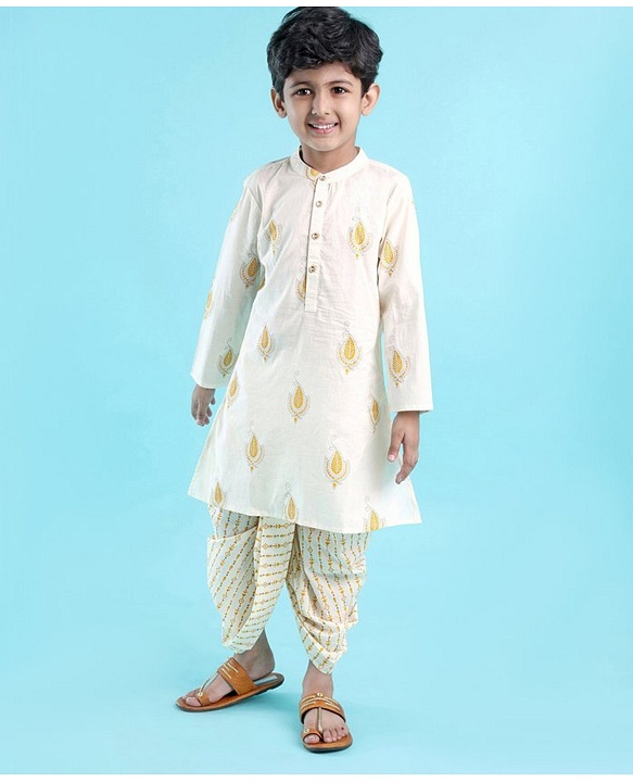 Babyhug 100% Cotton Woven Full Sleeves Embroidered Kurta & Dhoti Set - Cream