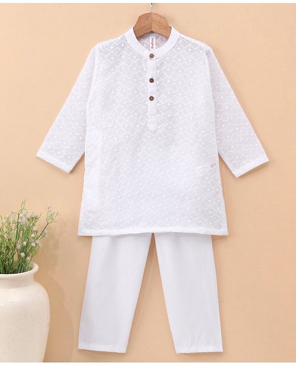 Babyhug 100% Cotton Full Sleeves Schiffly Kurta & Pajama Set - White