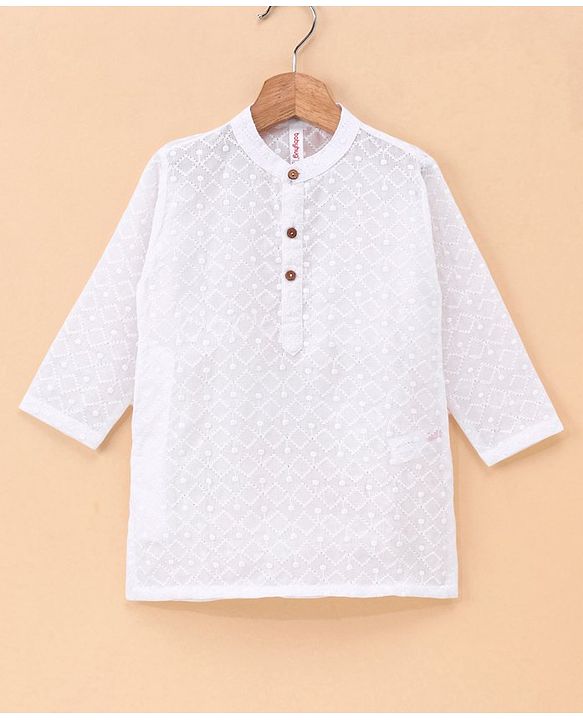 Babyhug 100% Cotton Full Sleeves Schiffly Kurta & Pajama Set - White