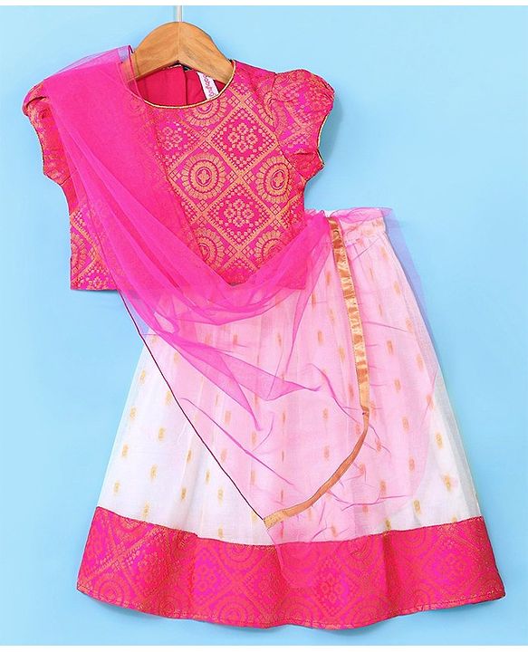 Babyhug 100% Cotton Woven Short Sleeves South Pavda Pattu & Lehenga Set Embroidery Detailing - Pink