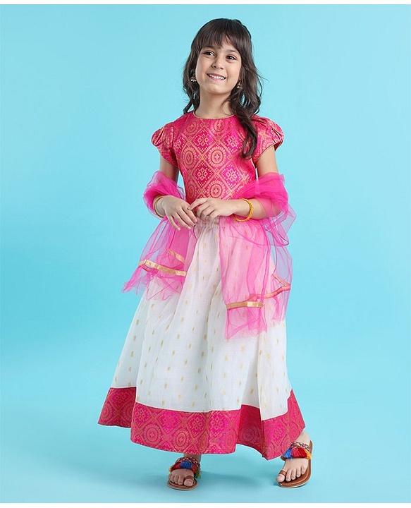 Babyhug 100% Cotton Woven Short Sleeves South Pavda Pattu & Lehenga Set Embroidery Detailing - Pink