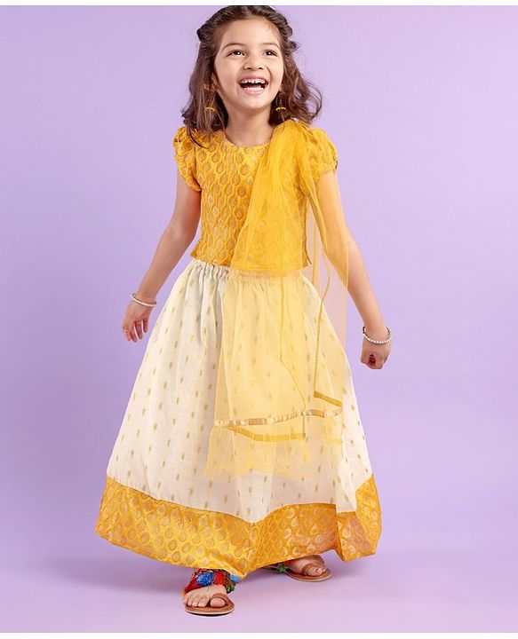Babyhug 100% Cotton Woven Half Sleeves South Pavda Pattu & Lehenga Set Embroidered - Yellow