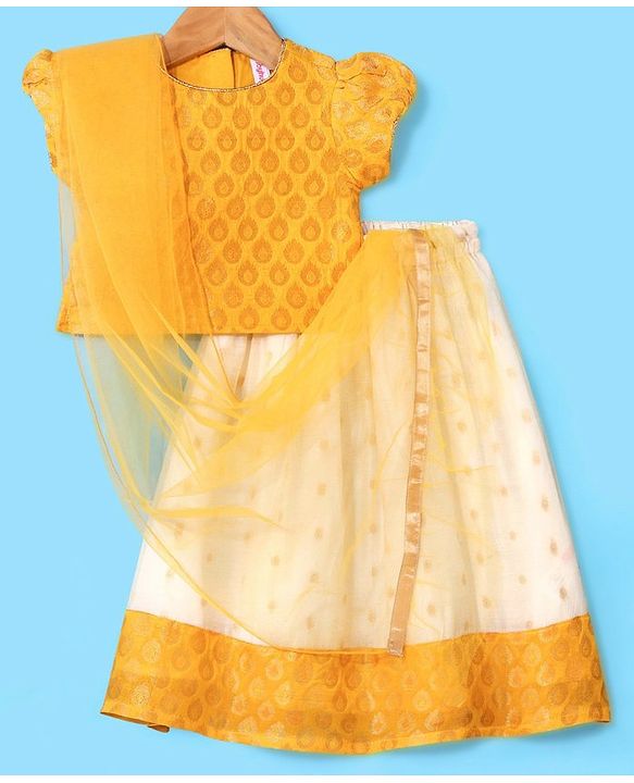 Babyhug 100% Cotton Woven Half Sleeves South Pavda Pattu & Lehenga Set Embroidered - Yellow