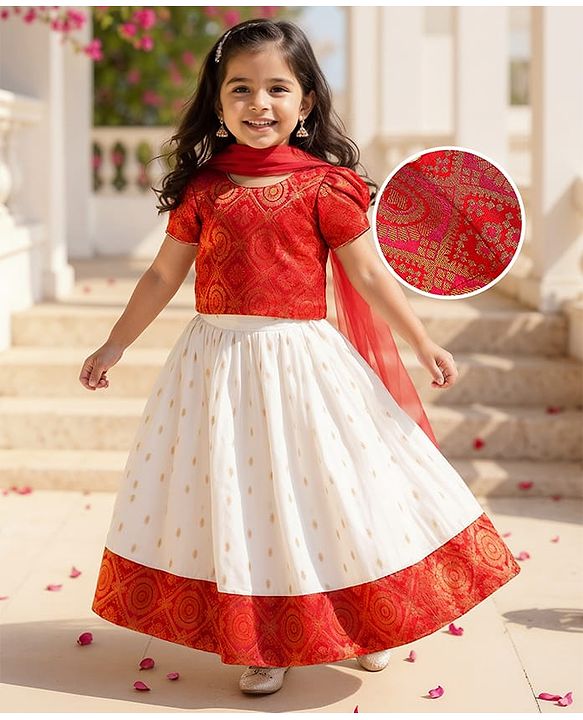 Babyhug 100% Cotton Woven Short Sleeves South Pavda Pattu & Lehenga Set Embroidery Detailing - Red