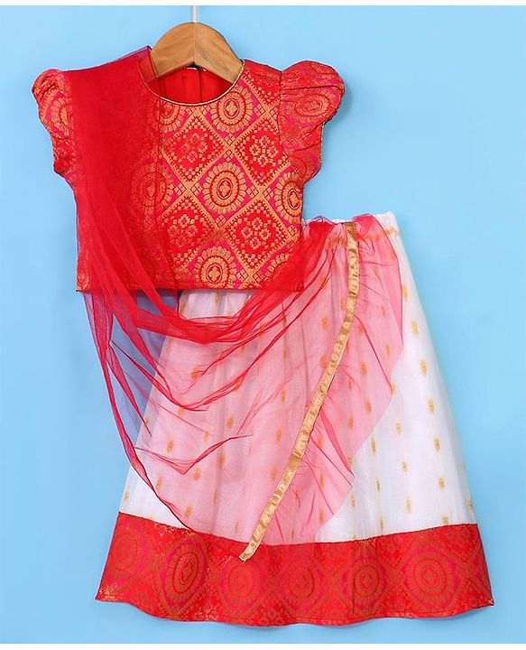 Babyhug 100% Cotton Woven Short Sleeves South Pavda Pattu & Lehenga Set Embroidery Detailing - Red