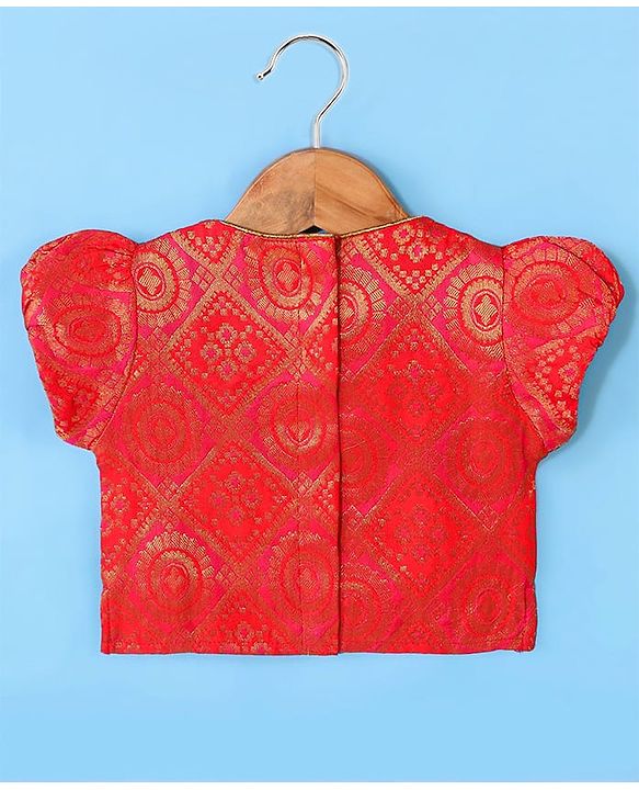 Babyhug 100% Cotton Woven Short Sleeves South Pavda Pattu & Lehenga Set Embroidery Detailing - Red