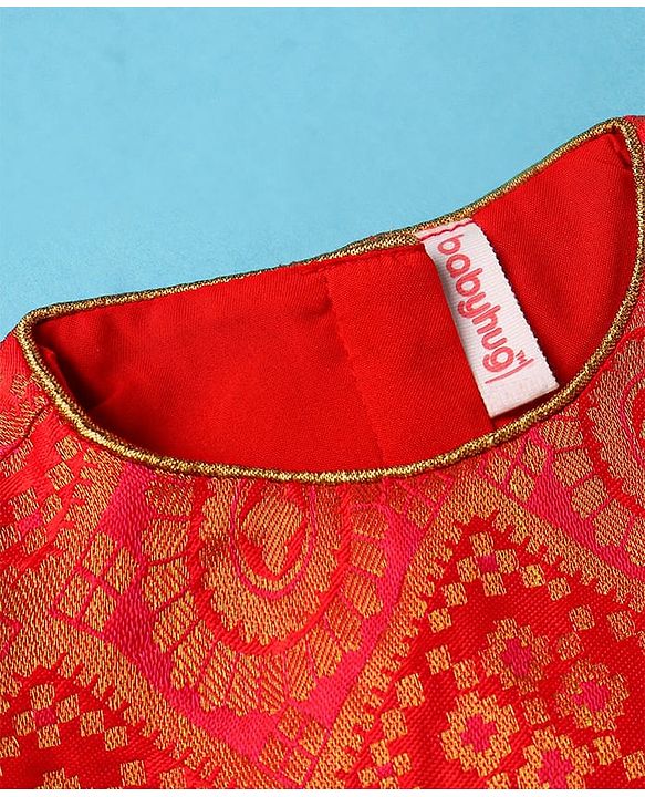 Babyhug 100% Cotton Woven Short Sleeves South Pavda Pattu & Lehenga Set Embroidery Detailing - Red
