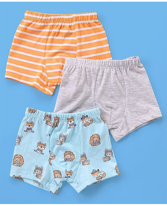 Babyhug 100% Cotton Knit Boxers Striped & Wild Animal Print Pack of 3 - Orange Grey & Blue