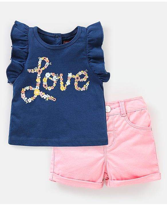 Babyhug 100% Cotton Frill Sleeves Top & Shorts Set Floral Text Print- Navy & Pink