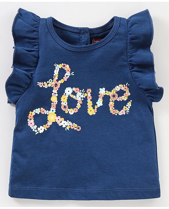 Babyhug 100% Cotton Frill Sleeves Top & Shorts Set Floral Text Print- Navy & Pink