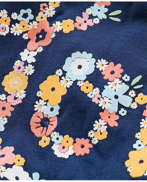 Babyhug 100% Cotton Frill Sleeves Top & Shorts Set Floral Text Print- Navy & Pink