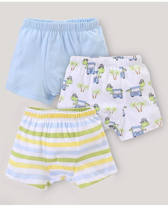 Babyhug 100% Cotton Briefs Stripes & Car Print Pack of 3- Blue & White