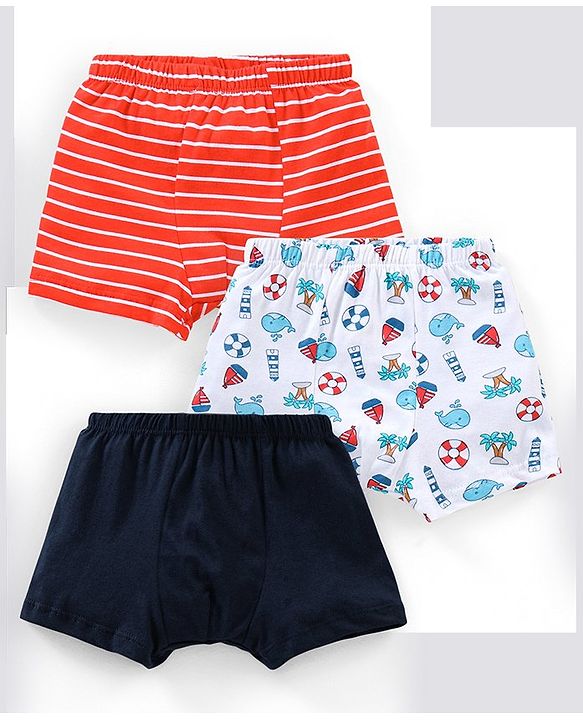 Babyhug 100% Cotton Striped & Whales Print Briefs Pack of 3 - Red White & Navy