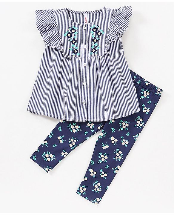 Babyhug 100% Cotton Frill Sleeves Top & Leggings Set Floral Print & Embroidery- Blue